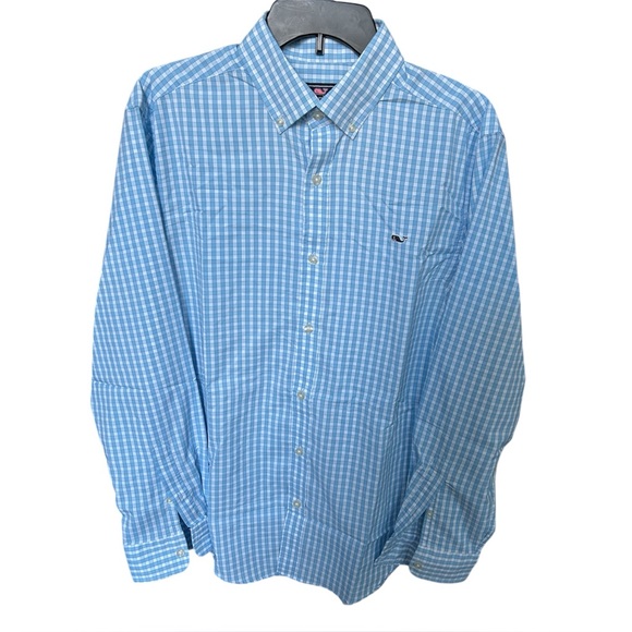 Vineyard Vines Performance Lemon Shark Gingham Featherweight Shirt Blue Size M - Picture 2 of 6